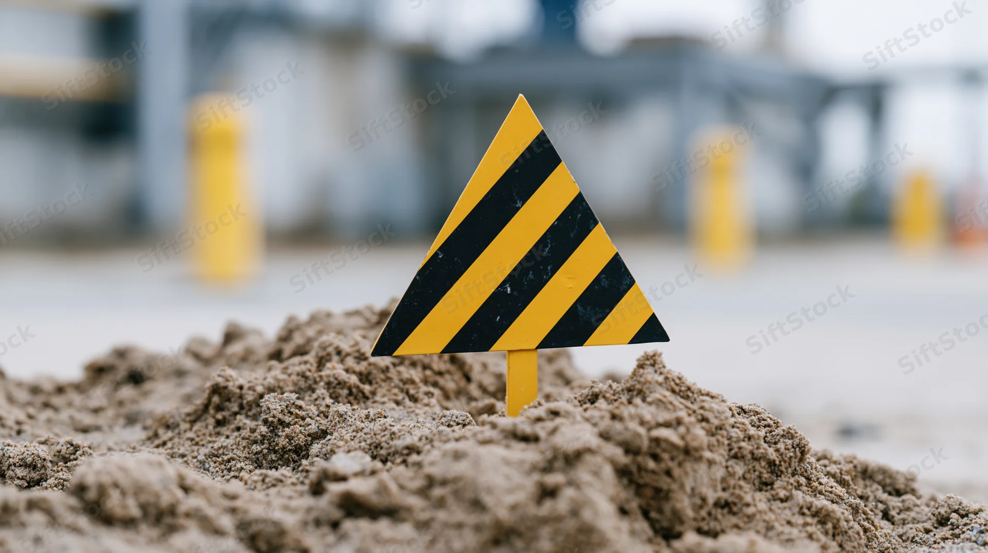 Yellow and black striped triangular warning sign stuck in a pile of sand at a construction site