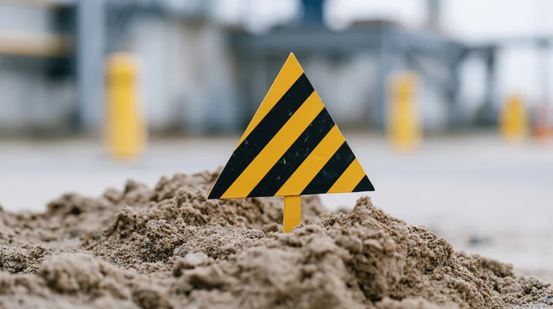 Yellow and black striped triangular warning sign stuck in a pile of sand at a construction site