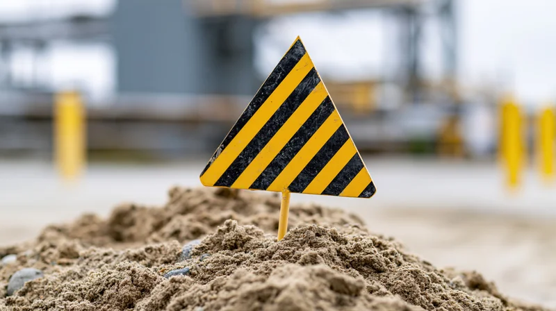 Triangular warning sign planted in a pile of sand at a construction site