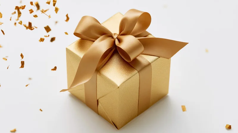 Gold foil gift box with satin ribbon and falling confetti on white background