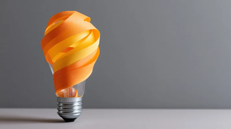 Lightbulb with orange spiral ribbon replacing glass globe on gray surface