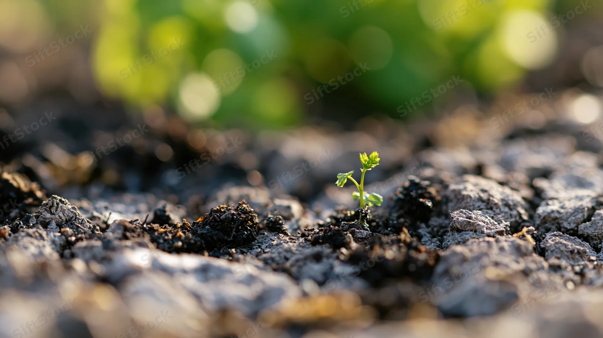 Tiny green seedling sprouting from charred soil in a garden setting