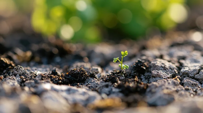 Tiny green seedling sprouting from charred soil in a garden setting