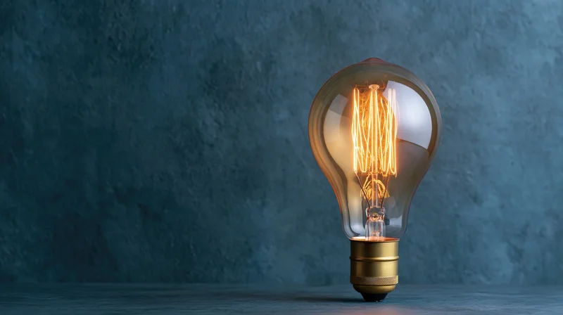 Vintage edison lightbulb glowing with warm filament on dark textured surface