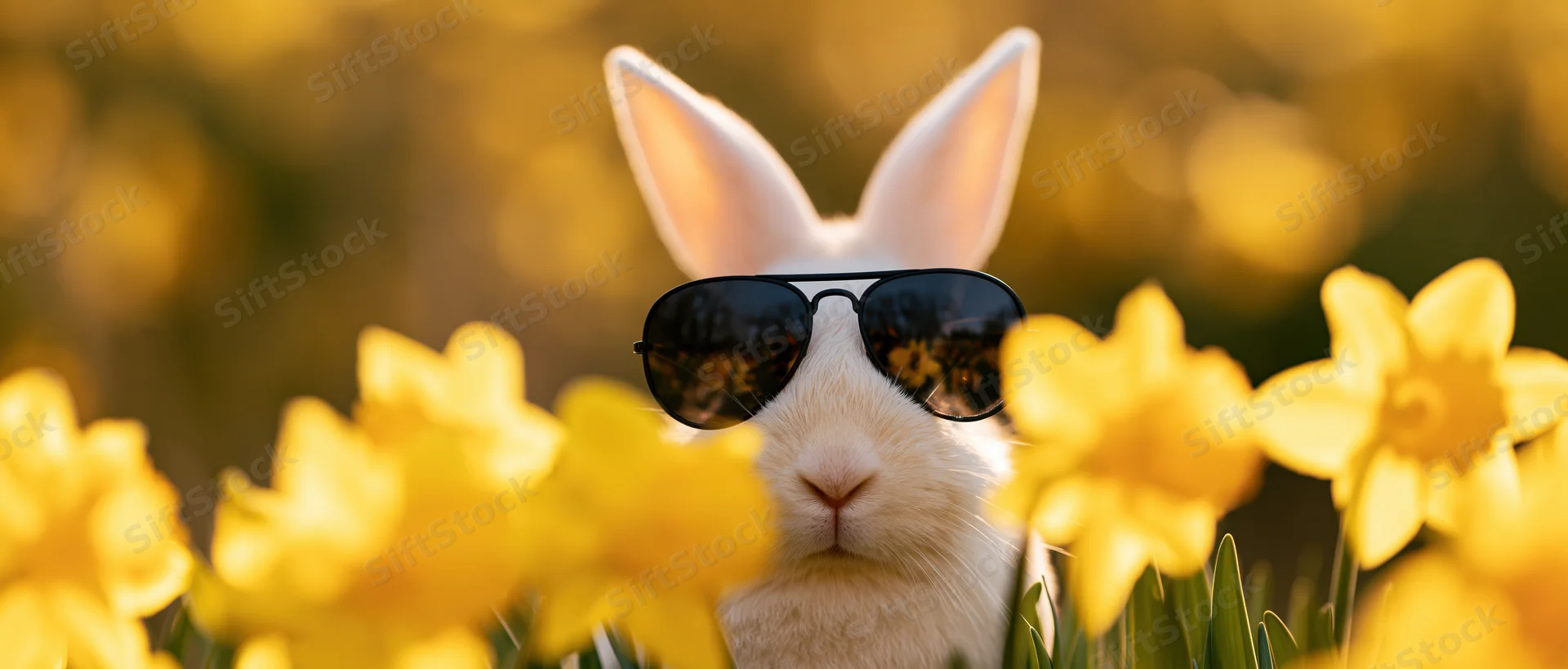 White rabbit wearing aviator sunglasses peeking through yellow daffodils in a spring garden