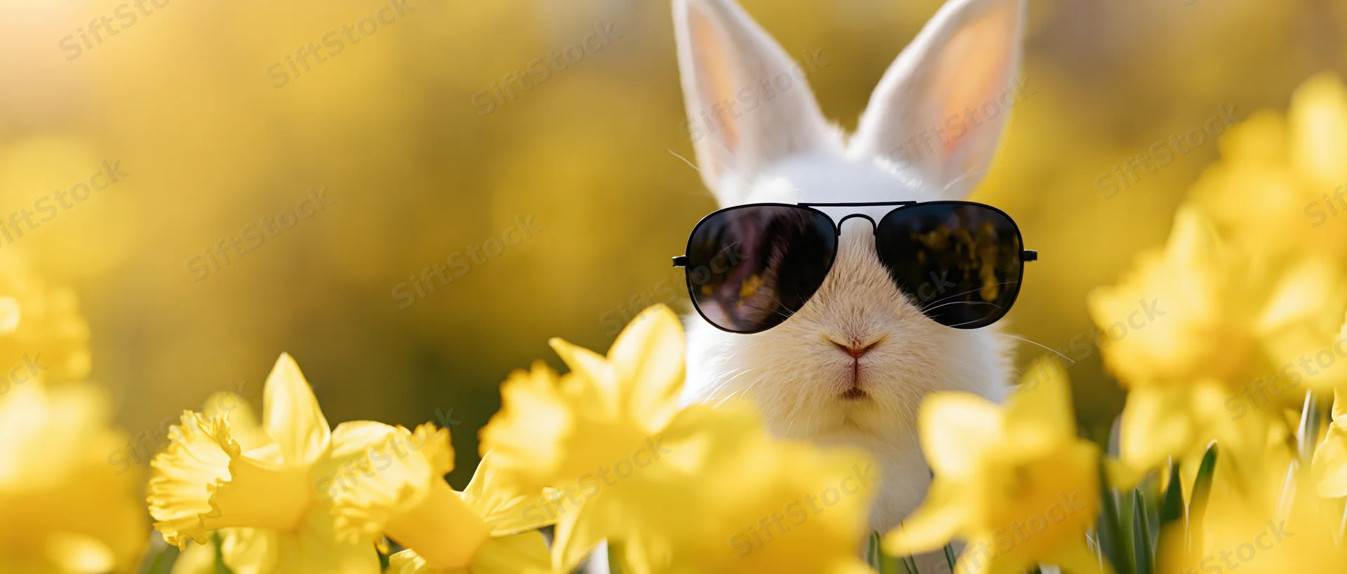 White bunny wearing aviator sunglasses peeking through yellow daffodils in a spring field