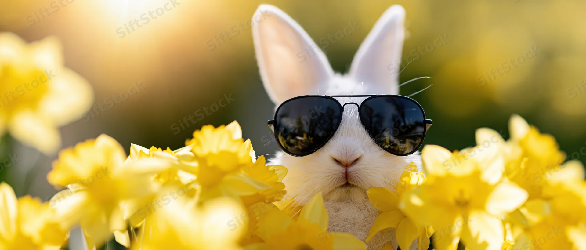 White bunny wearing aviator sunglasses peeking through yellow daffodils in a sunlit garden