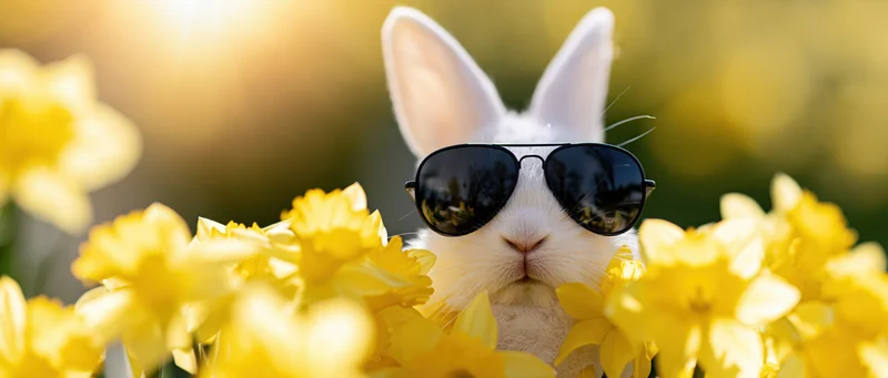 White bunny wearing aviator sunglasses peeking through yellow daffodils in a sunlit garden