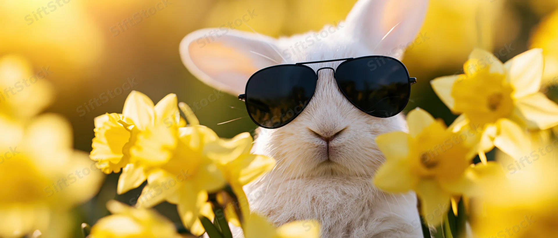 White rabbit wearing aviator sunglasses peeking through yellow daffodils in a spring garden