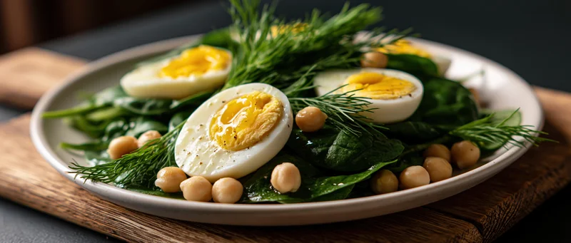 Spinach salad with soft-boiled eggs and chickpeas on a white ceramic plate served on a wooden board
