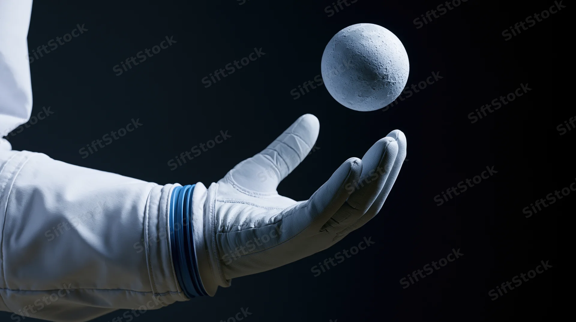 Astronaut's gloved hand holding a small moon model in zero gravity against dark background