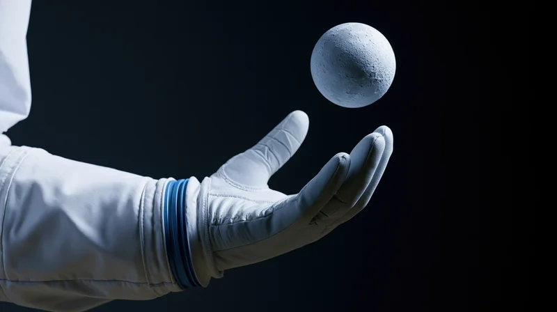 Astronaut's gloved hand holding a small moon model in zero gravity against dark background