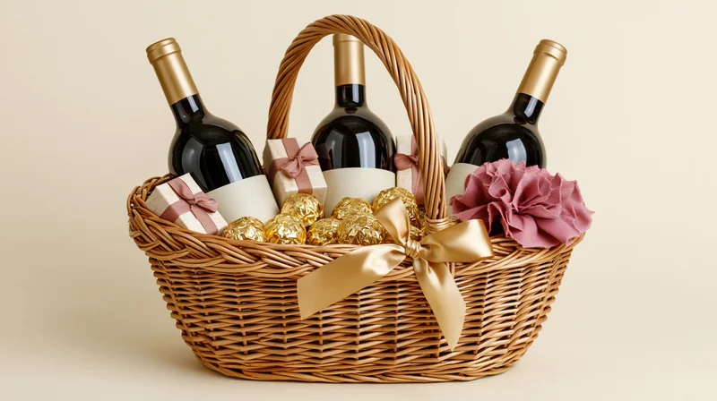 Wicker gift basket filled with wine bottles, chocolates, and decorative ribbons on a neutral background