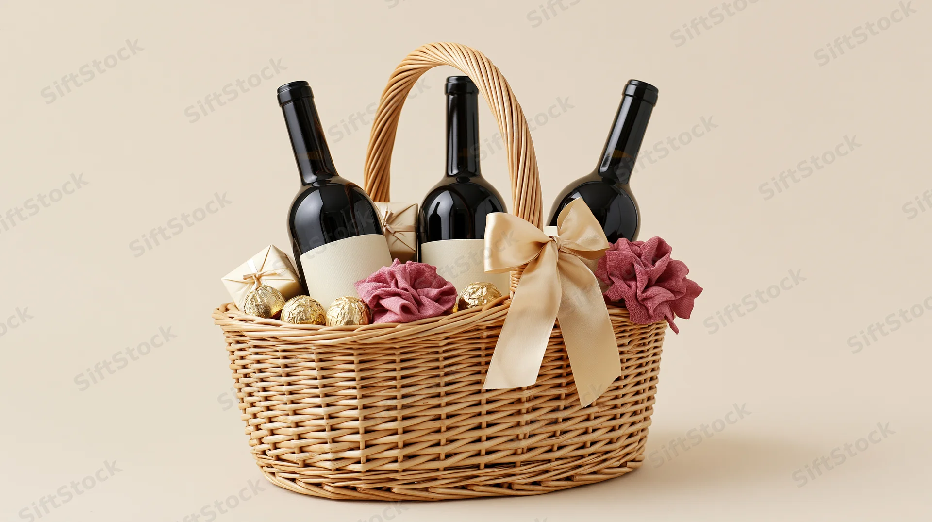 Wicker gift basket filled with wine bottles, chocolates, and decorative ribbons on a neutral background