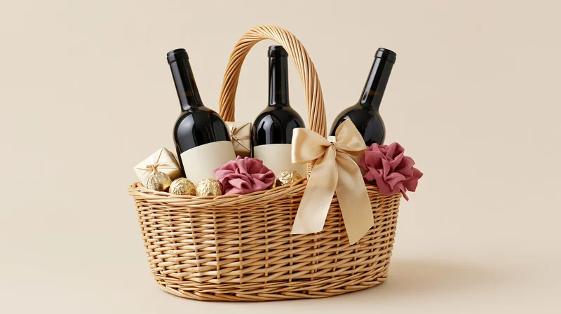 Wicker gift basket filled with wine bottles, chocolates, and decorative ribbons on a neutral background