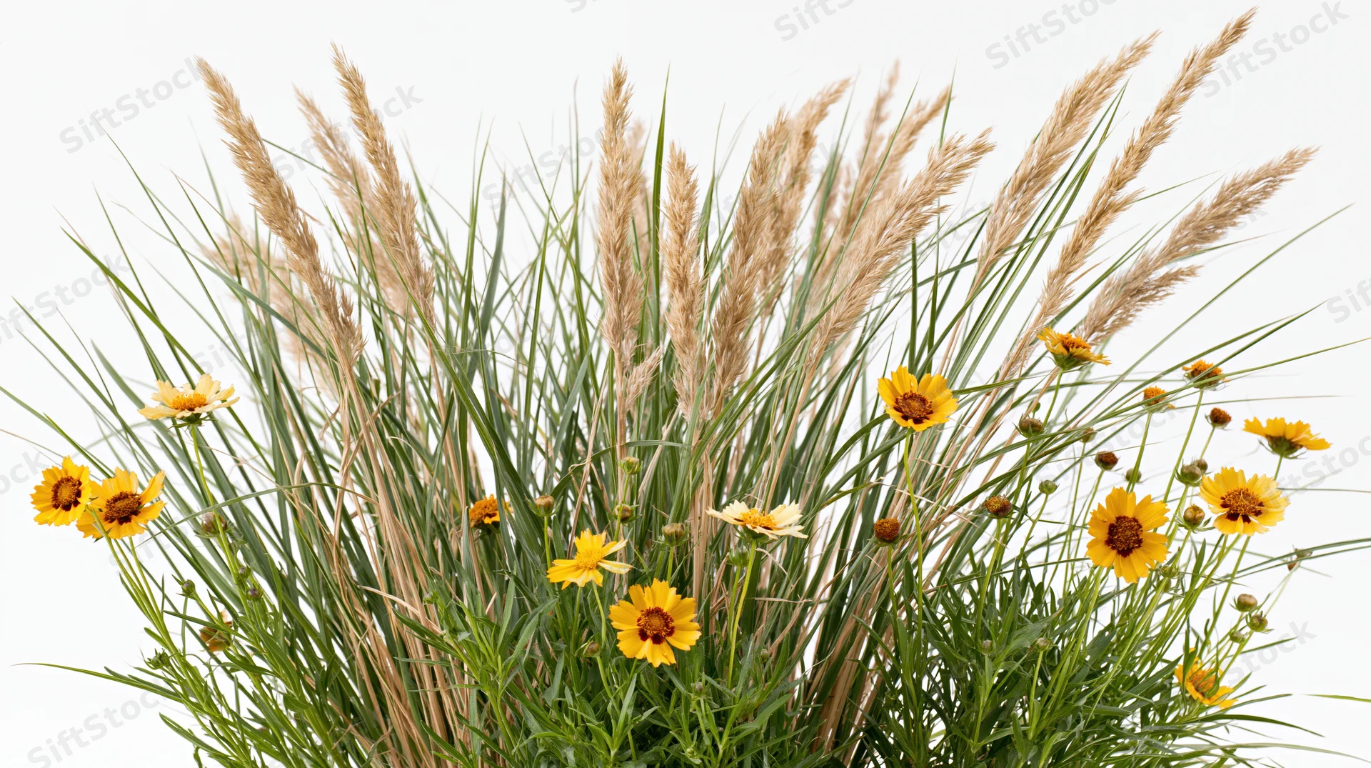 Clump of ornamental grasses with yellow wildflowers against white background