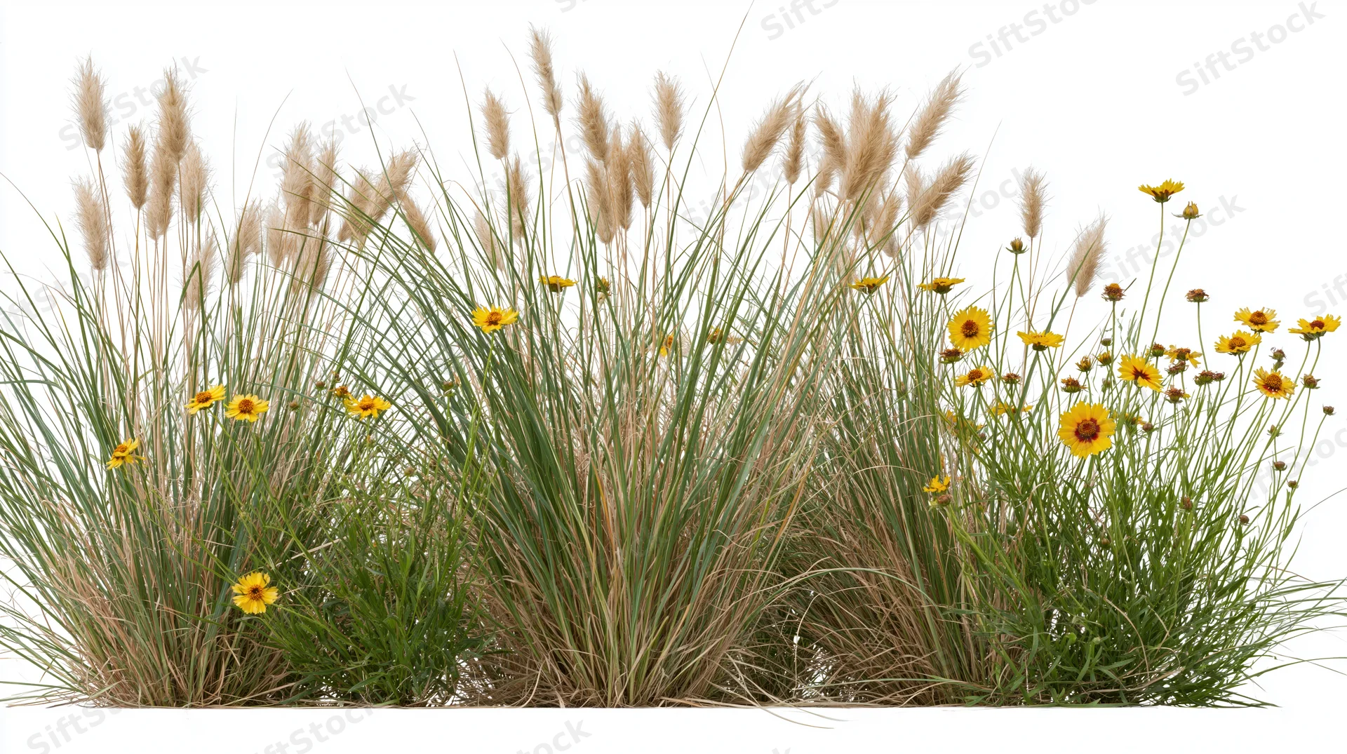 Clump of tall ornamental grasses with feathery plumes and yellow flowers against white background