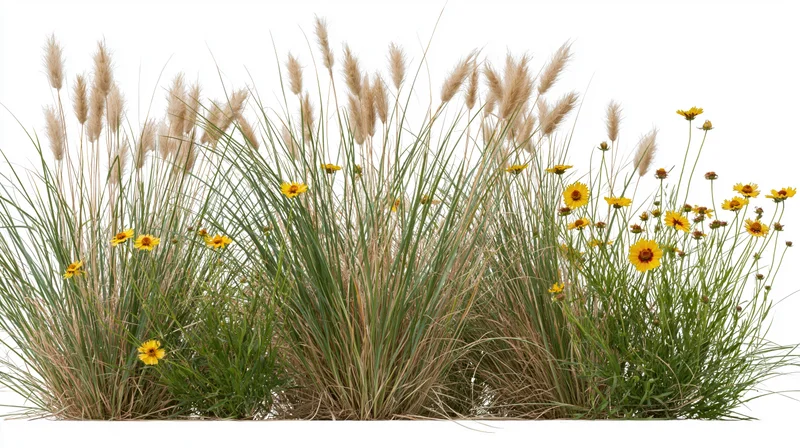 Clump of tall ornamental grasses with feathery plumes and yellow flowers against white background