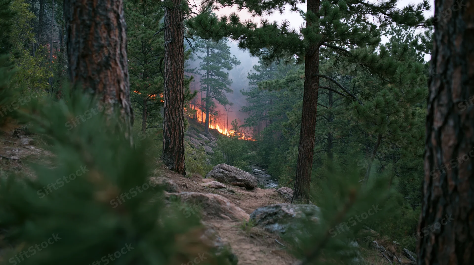 Wildfire burning on a hillside in a dense pine forest, viewed through trees with smoke and flames visible in the distance