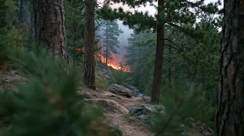 Wildfire burning on a hillside in a dense pine forest, viewed through trees with smoke and flames visible in the distance