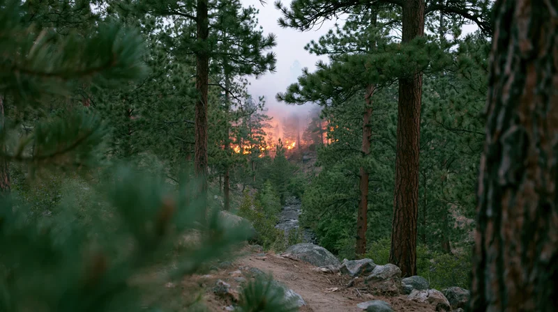 Wildfire burning in a dense pine forest on a hillside with a trail winding through trees and rocks