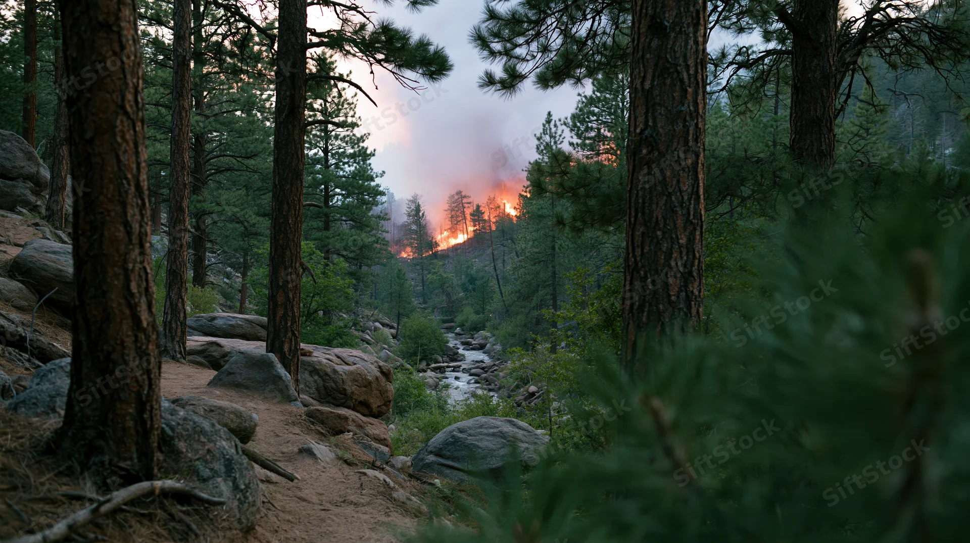 Wildfire burning on a hillside in a dense pine forest with a stream below
