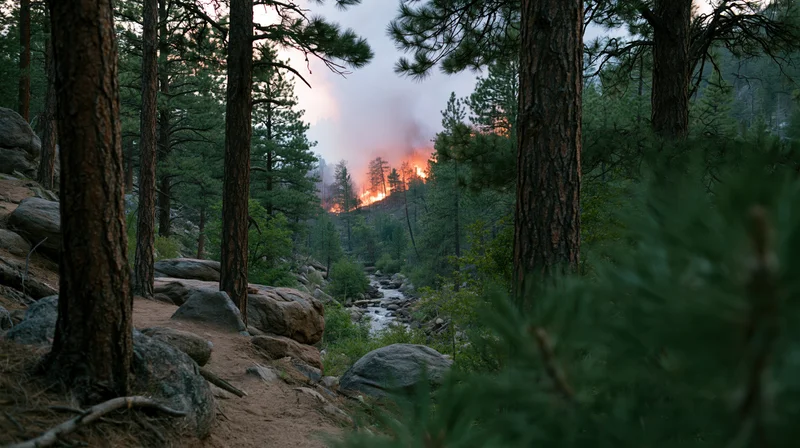 Wildfire burning on a hillside in a dense pine forest with a stream below