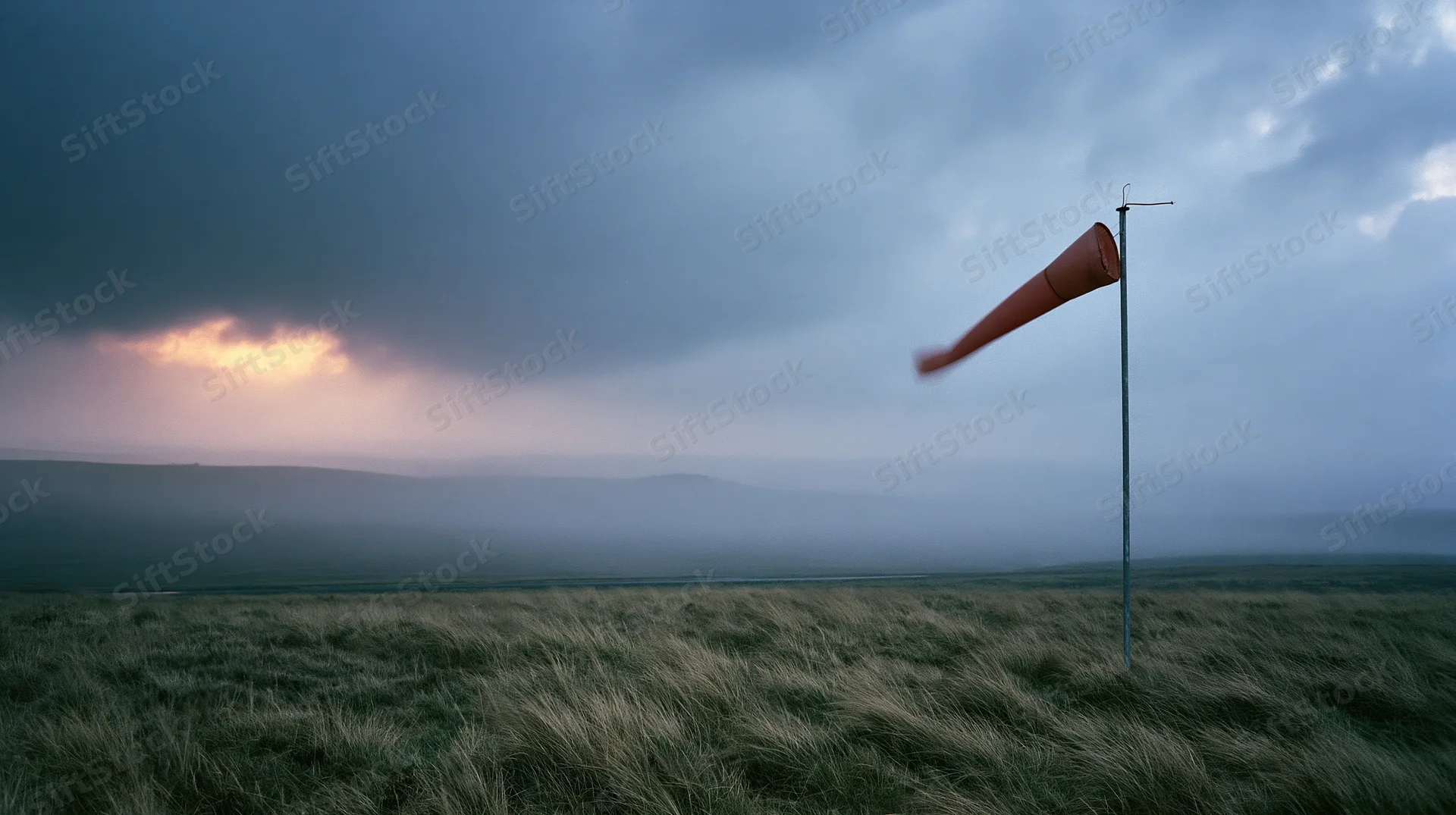 Windsock on metal pole in open moorland under stormy sky