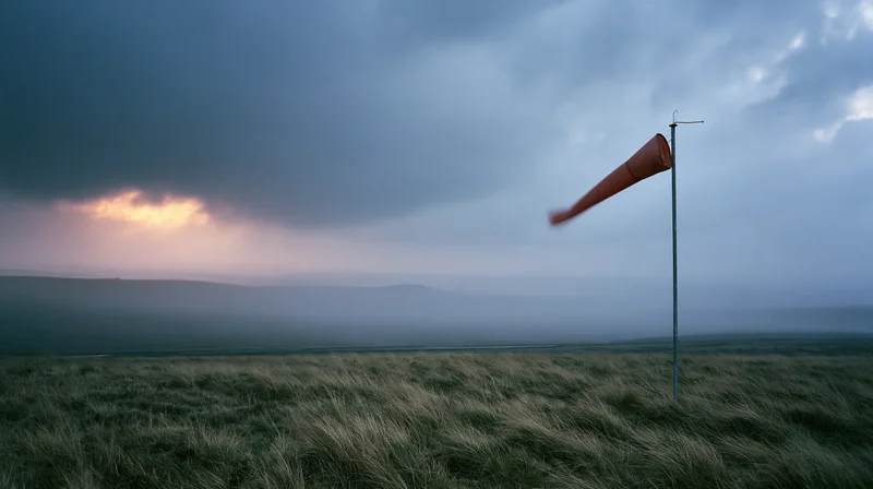 Windsock on metal pole in open moorland under stormy sky