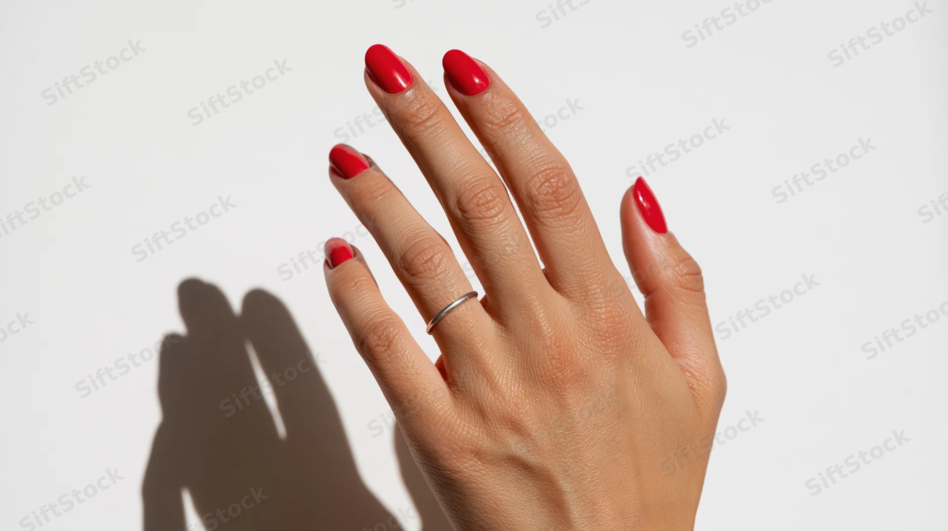 Woman's hand with red manicure and silver ring raised against white background