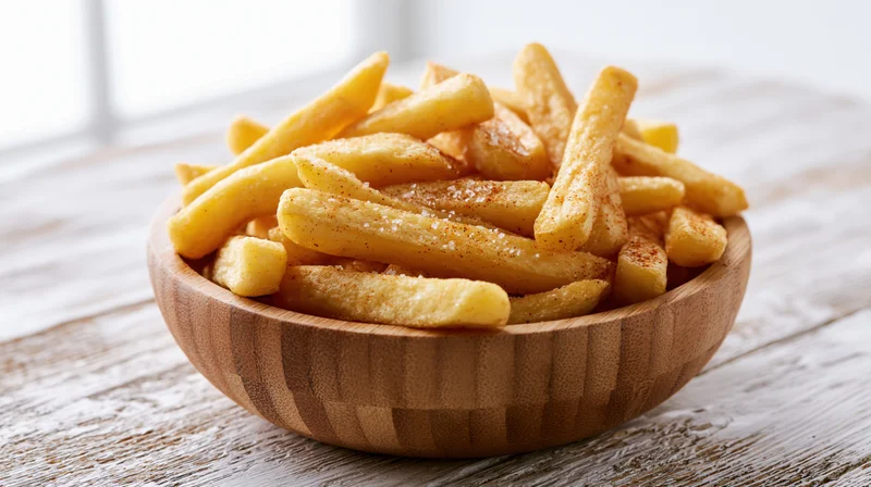 Golden seasoned french fries in a wooden bowl on a rustic table