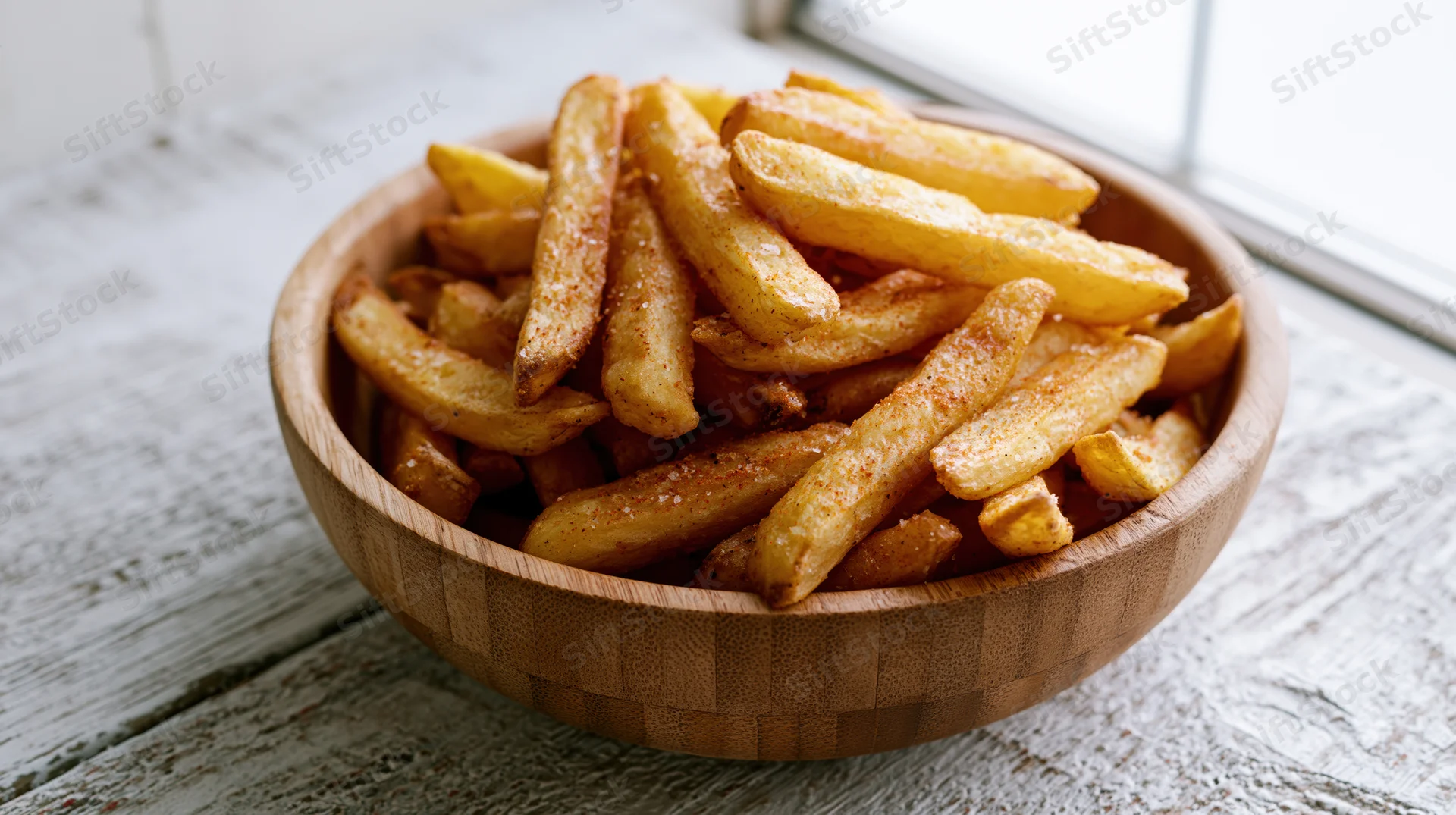 Golden seasoned french fries in a wooden bowl on a rustic wooden table