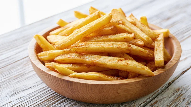 Golden seasoned french fries in a wooden bowl on a rustic table