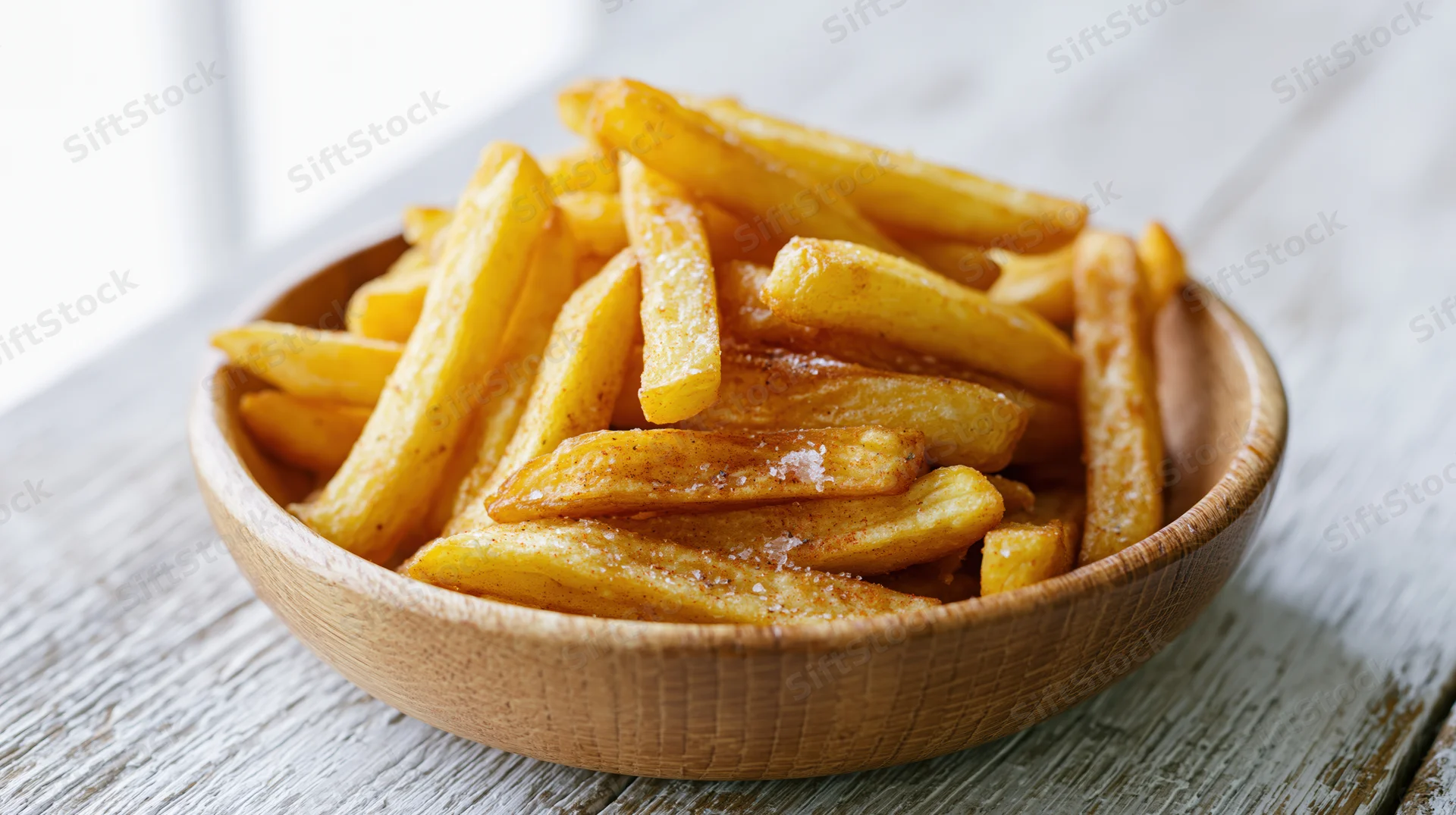 Golden seasoned french fries in a wooden bowl on a rustic wooden table