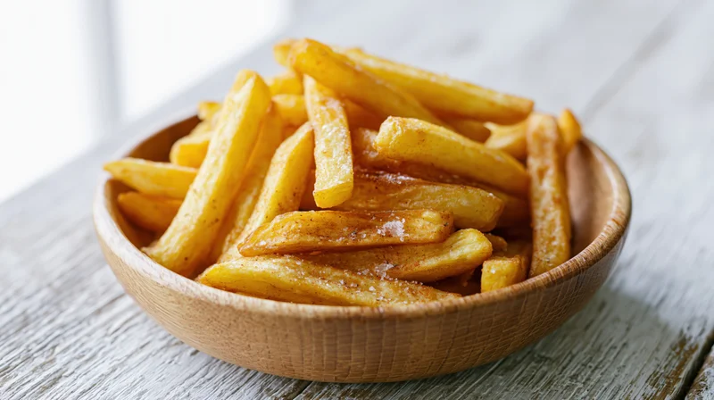 Golden seasoned french fries in a wooden bowl on a rustic wooden table