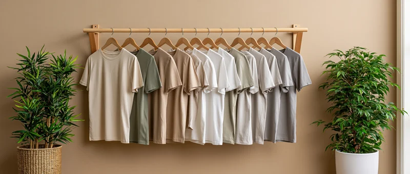 Row of neutral-colored tshirts on wooden wall rack flanked by potted plants in home interior