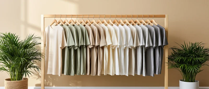 Wooden clothing rack holding a row of neutral-colored tshirts flanked by potted plants in a minimalist interior