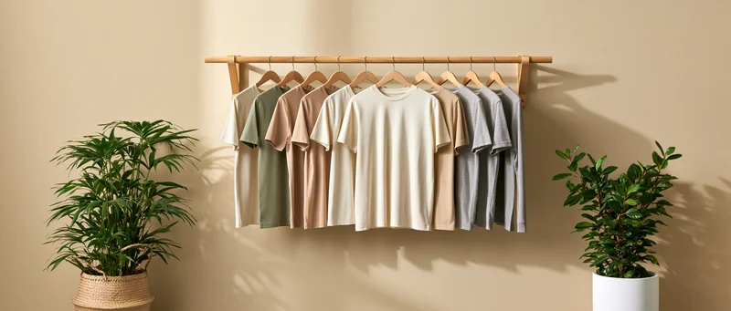 Row of neutral-colored tshirts on wooden wall rack flanked by potted plants in a minimalist interior