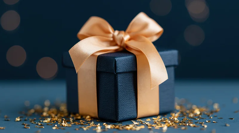 Navy gift box with gold ribbon and confetti on a blue surface