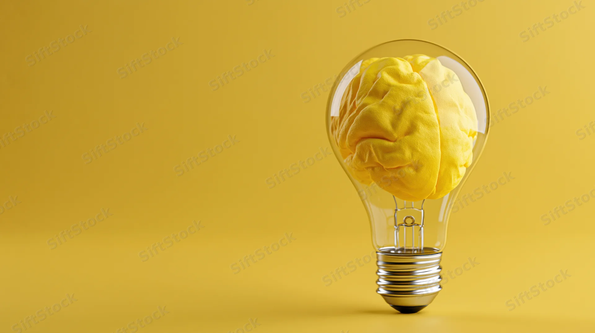 Yellow brain inside a clear glass lightbulb on yellow background