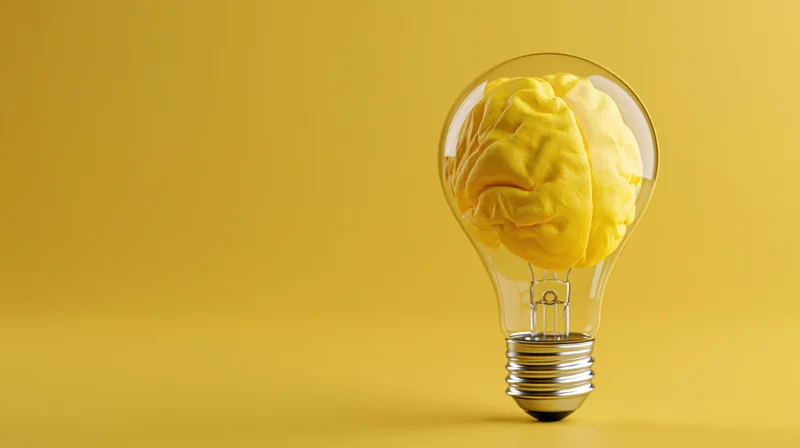 Yellow brain inside a clear glass lightbulb on yellow background