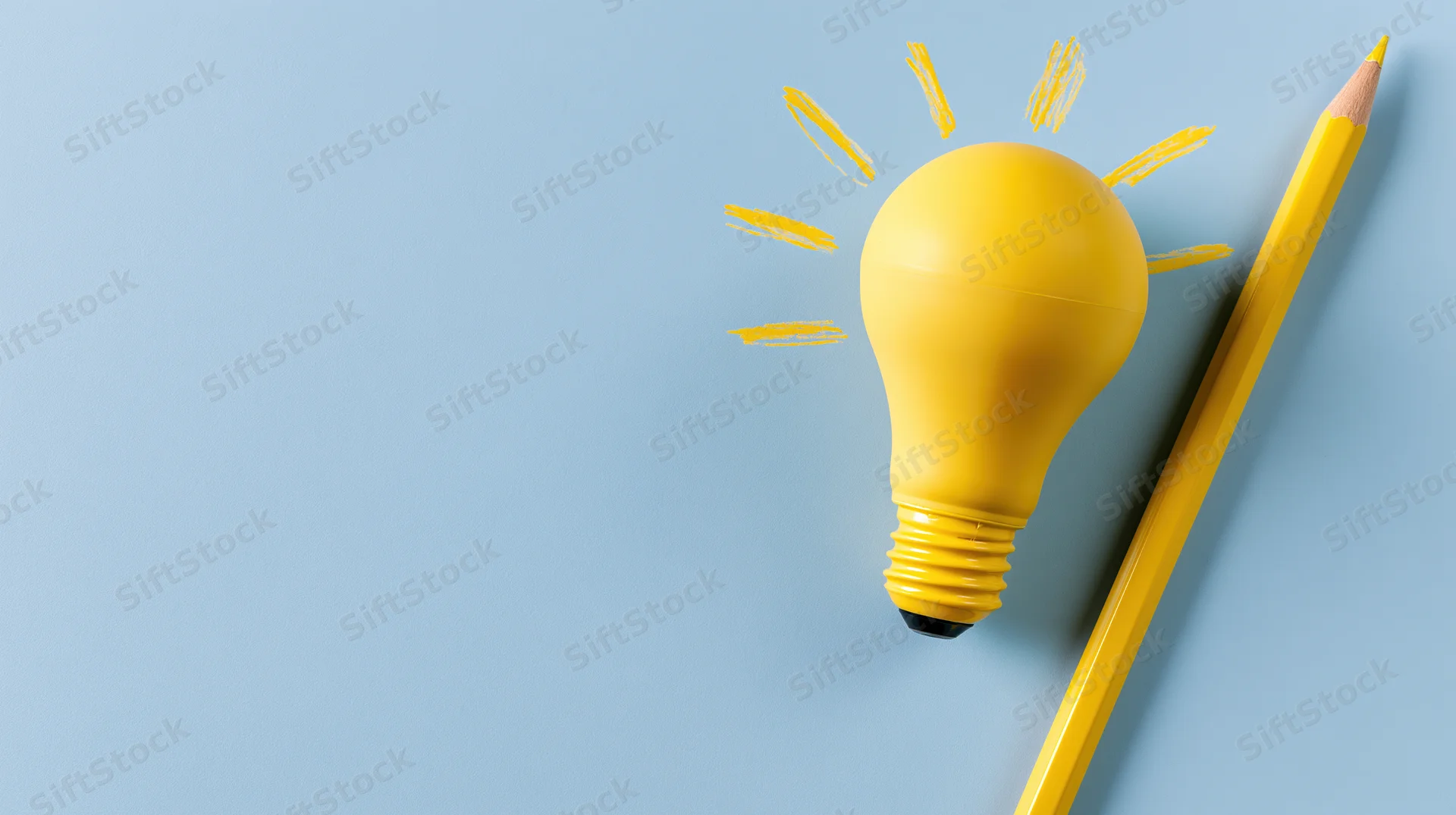 Yellow pencil with lightbulb tip on blue background