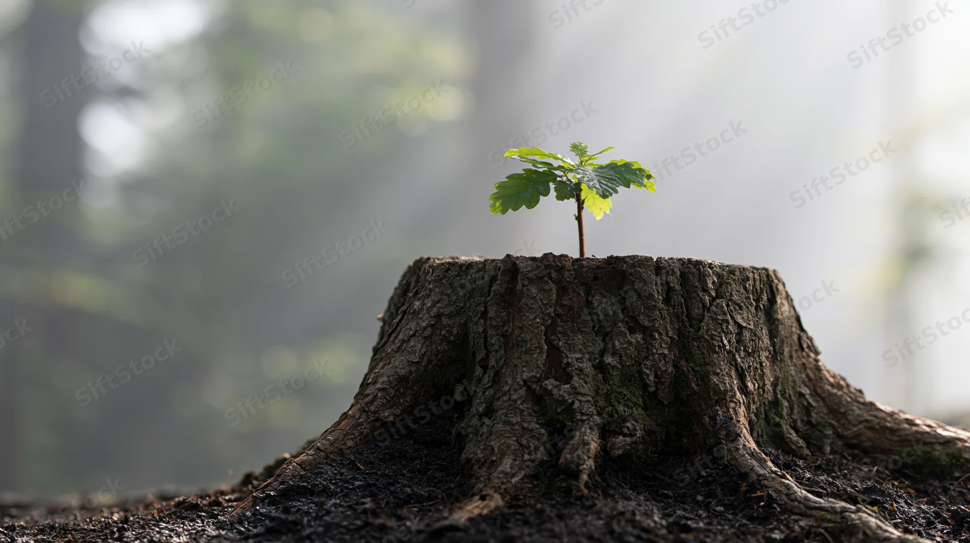 Young sapling growing from the top of a weathered tree stump in a misty forest
