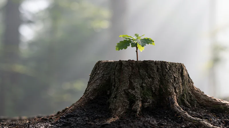 Young sapling growing from the top of a weathered tree stump in a misty forest