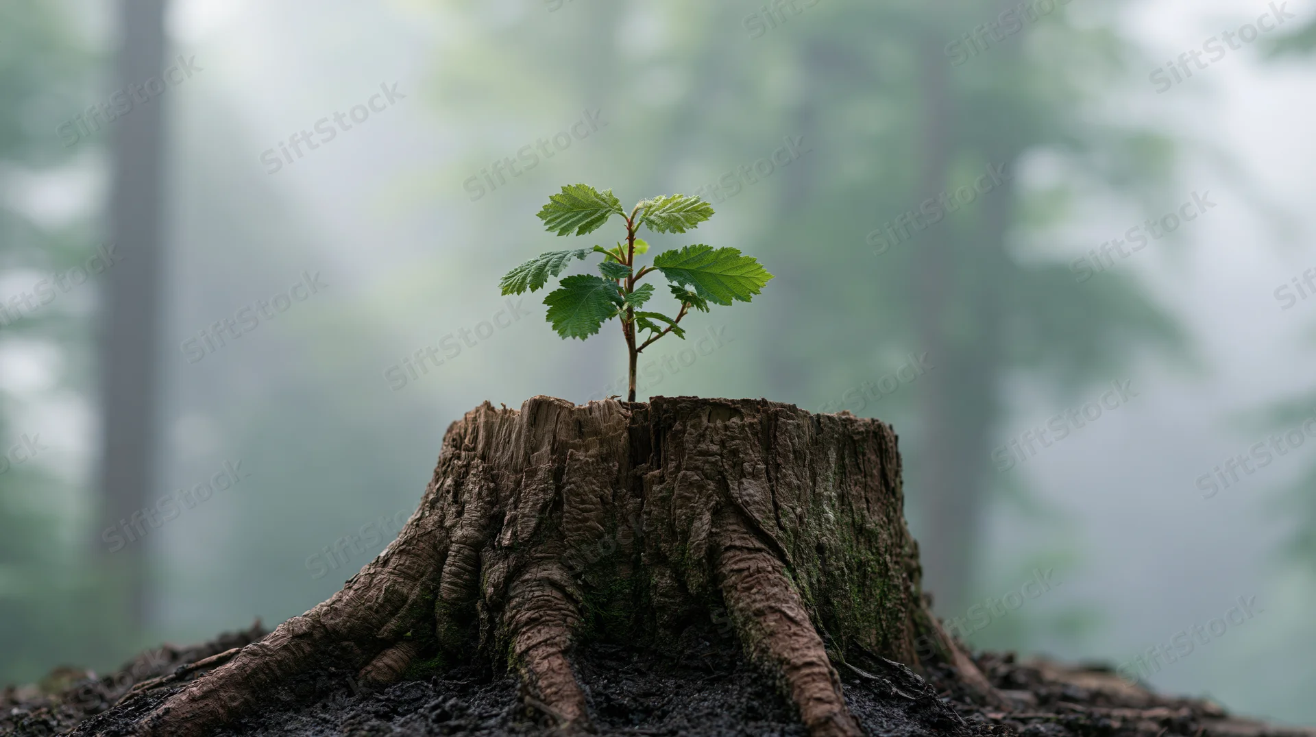 Young sapling growing from a weathered tree stump in a misty forest