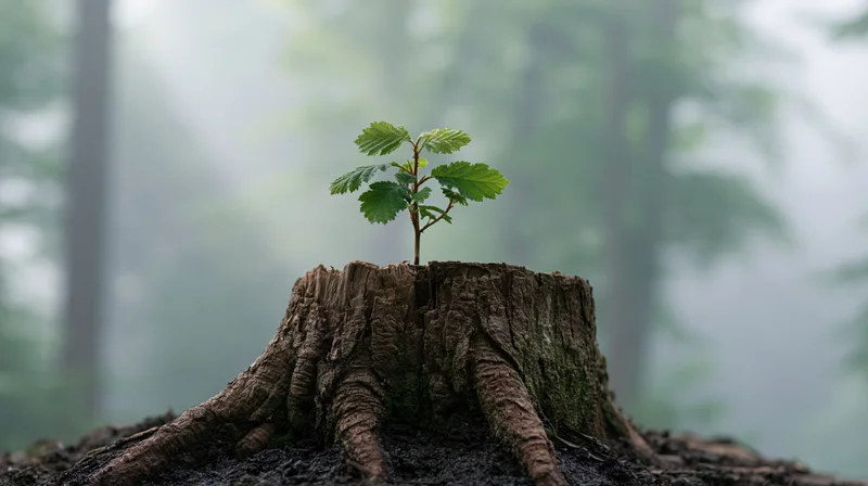 Young sapling growing from a weathered tree stump in a misty forest