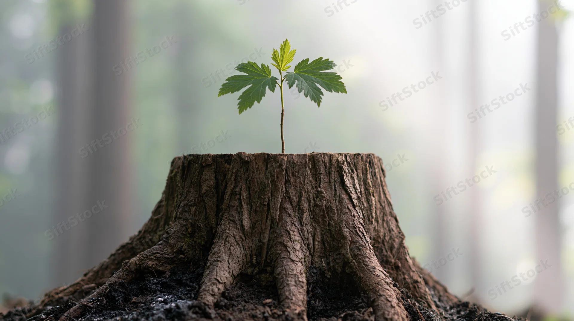 Young sapling growing from a weathered tree stump in a forest