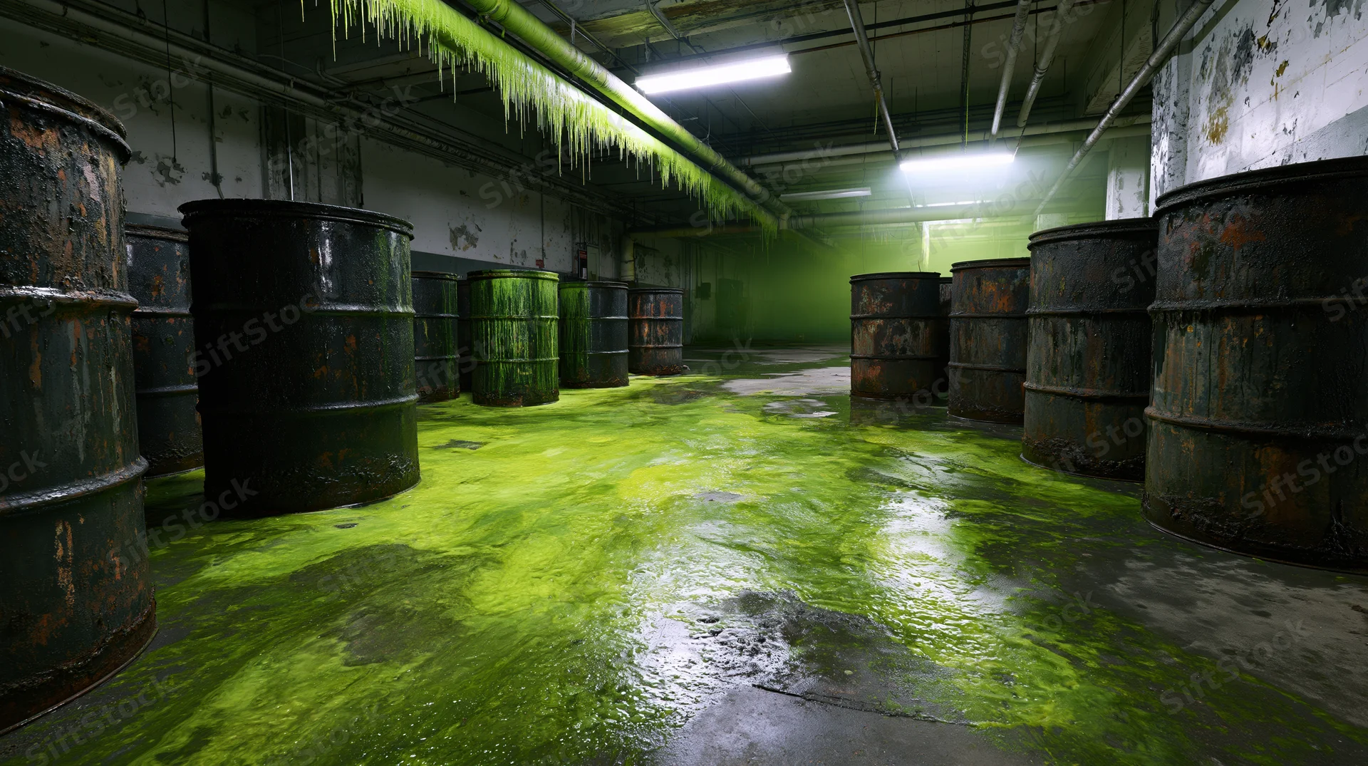 Abandoned warehouse interior with corroded metal barrels and green slime on wet concrete floor