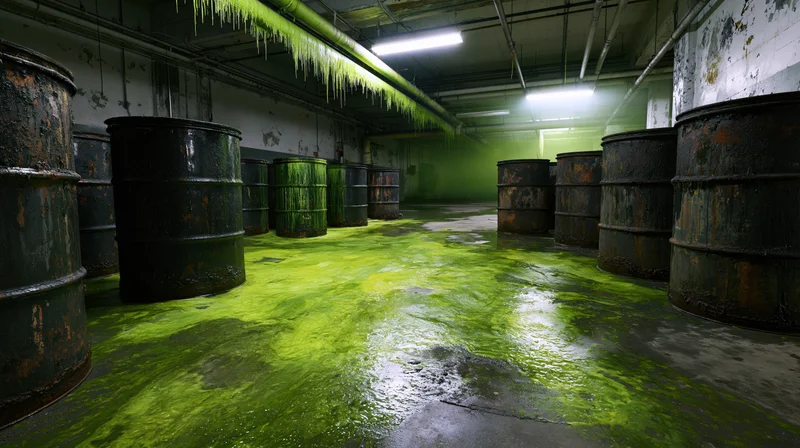 Abandoned warehouse interior with corroded metal barrels and green slime on wet concrete floor
