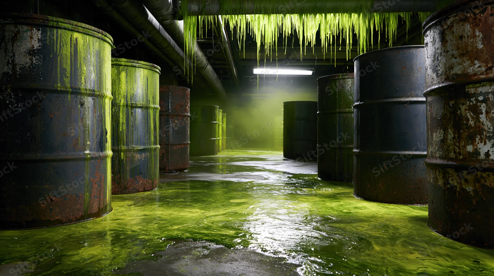 Abandoned warehouse interior with corroded metal barrels and green toxic liquid dripping from ceiling pipes onto wet floor